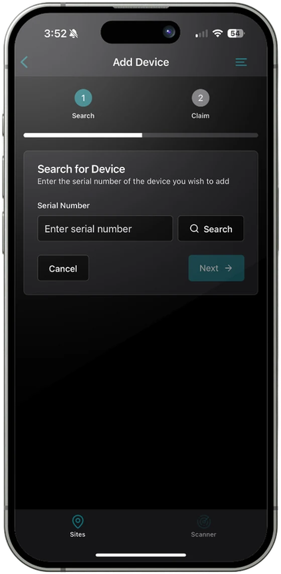 The KNECT Tech app's Add Device screen, showing the two steps Search and Claim, with a field for the device serial number