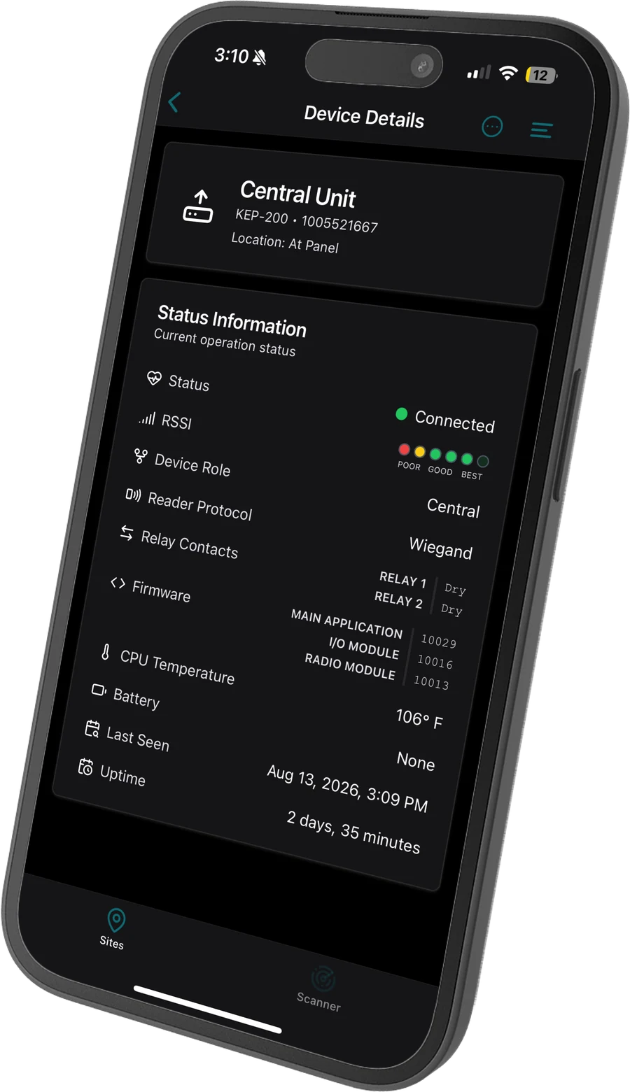 The KNECT Tech app open on a phone, showing a device's status and signal
