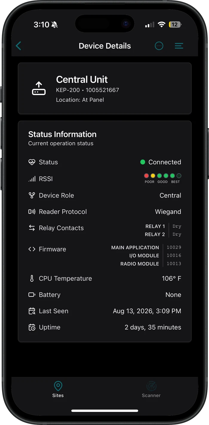 The KNECT Tech app's Device Details screen for a KEP-200, listing status, signal strength, device role, reader protocol, relay contacts per relay, firmware across three modules, CPU temperature, battery, last seen and uptime