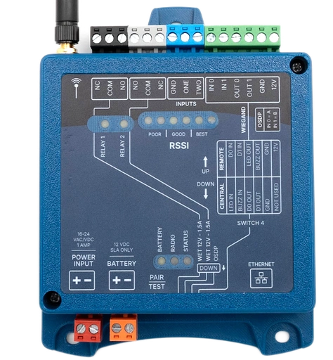 The face of a KNECT Endpoint, showing the terminal blocks, the RSSI scale, the Central and Remote wiring table and the dip switches