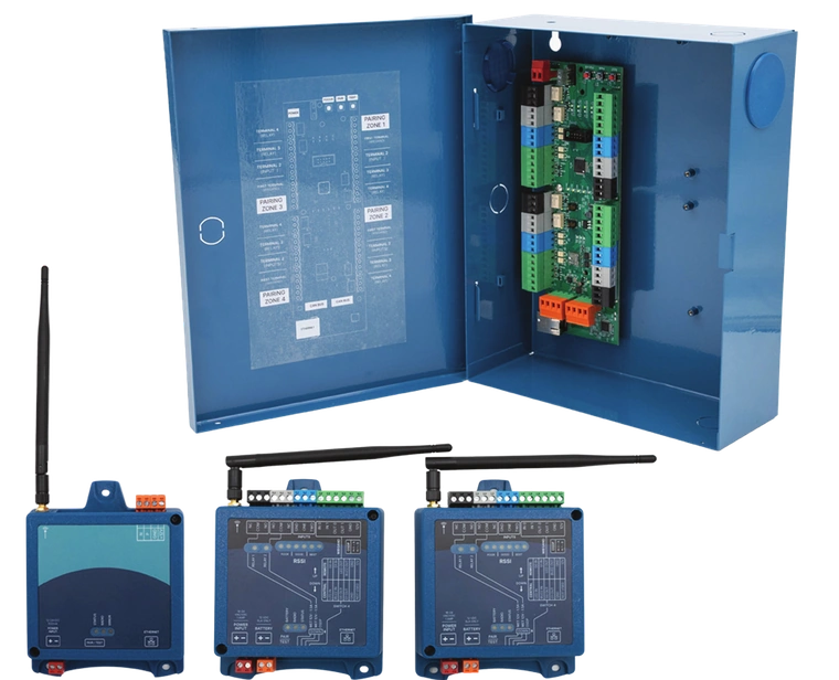 The One to Many Kit: the Gateway mounted in its enclosure, beside the Tether and two Endpoints