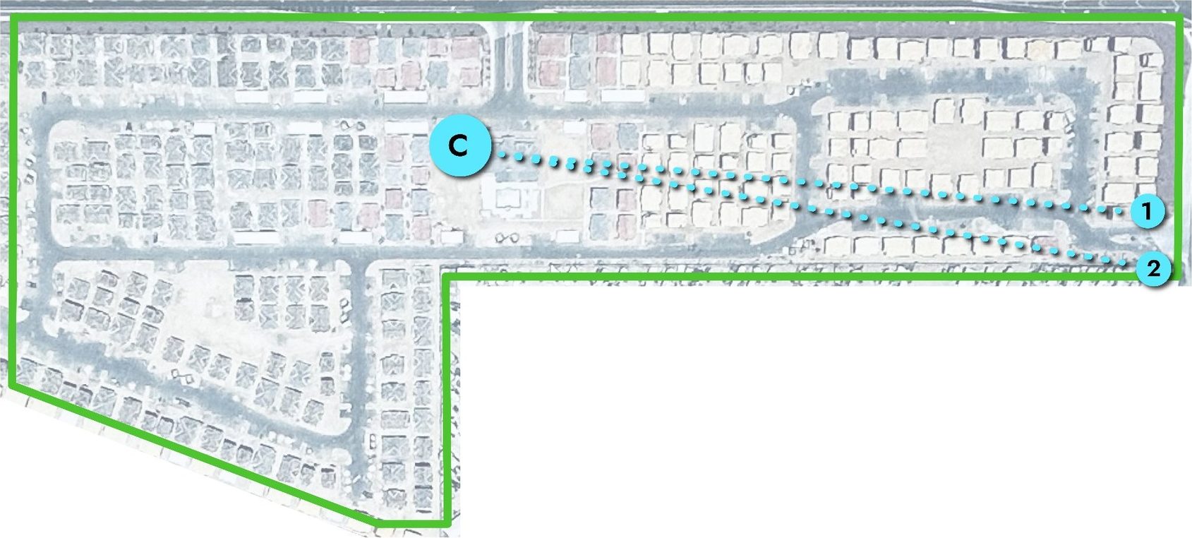 Aerial plan of the Phoenix build-to-rent community, the property outlined, with signal paths drawn from the Gateway, marked C, to the two pedestrian gates, marked 1 and 2, at the far end